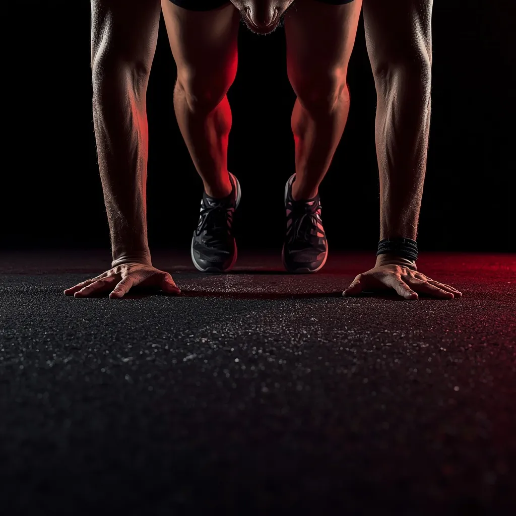 Athlete in the starting position, hands on the floor, lit by red light