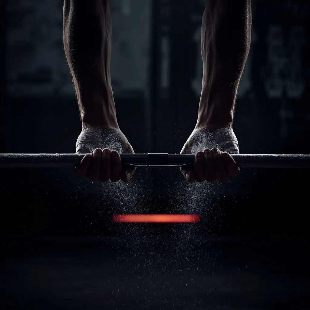 Chalked hands gripping a barbell in a dark gym